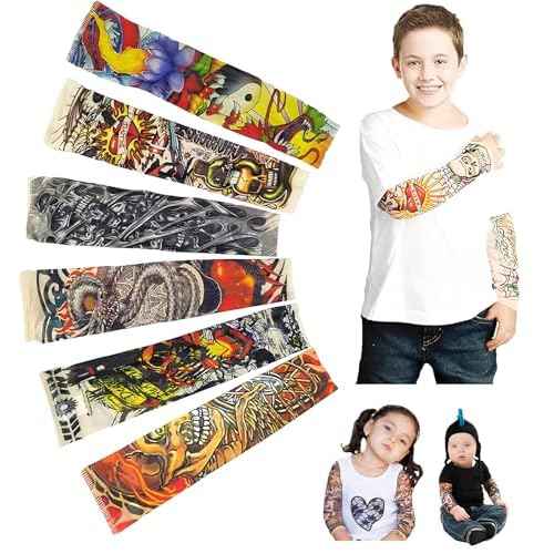 Temporary Tattoo Sleeves for Kids, Fake Slip On Arm Sunscreen Sleeves, 6pcs - Eagle,Skull,Dragon,Clown, Snake,etc