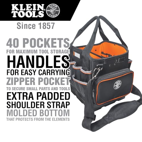 Klein Tools 5541610-14 10-Inch Tool Tote Bag with Shoulder Strap, 40 Pockets, Durable Orange Interior