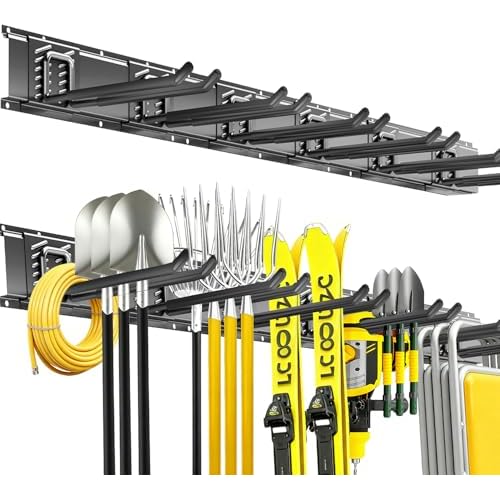 Garage Tool Organizer Wall Mount, 48inch Heavy Duty Garden Tool organizer Storage System, Easy Install With 6 Adjustable Straight Hooks, For Garage, Basement, Shed, Workshop(Black)