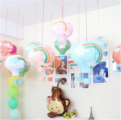 Namzi 16in Hanging Hot Air Balloon Paper Lanterns, Reusable Chinese Japanese Party Ball Lamps Decorations Wedding Birthday Anniversary Christmas Engagement, Set of 6，Light Blue Stripe