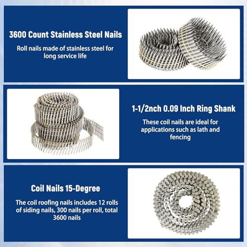 Waltyotur 3600 Count Stainless Steel Coil Nails 1-1/2 Inch x 0.09 Inch 15-Degree Ring Shank Collated Nails