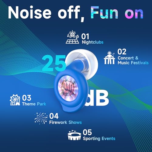Ear Plugs for Concerts, 2 Pack High Fidelity Ear Plugs with 3 Patterned Reflective Plates, Reusable Silicone Earplugs for Concerts, Stadium, Work, 4 Pair S/M/L Ear Tips, 25 dB Noise Reduction, Blue