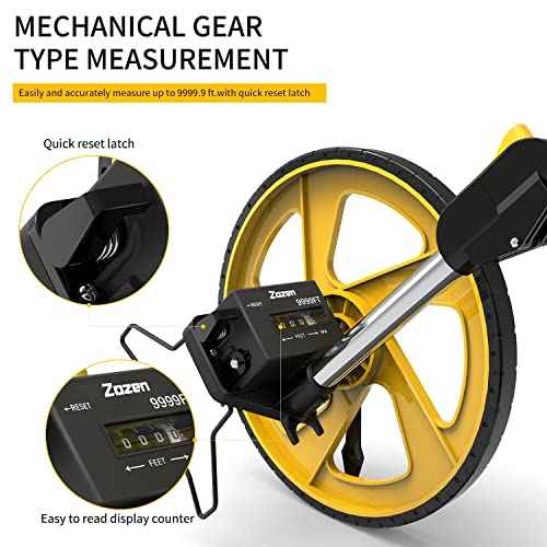 Zozen Measuring Wheel in Feet and Inches, Mechanical/Double Collapsible/One Key to Reset/Kickstand to Keep Stand/Starting Point Arrow and Cloth Carrying Bag, 0-9,999 Ft Measure Wheel.