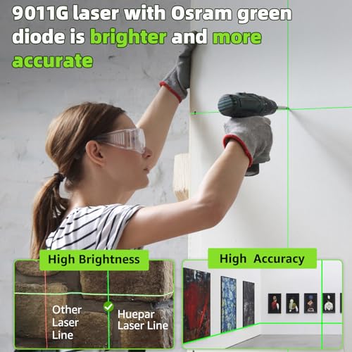 Huepar 9011G Self-Leveling Green Cross Line Laser Level 100Ft Bright Professiona