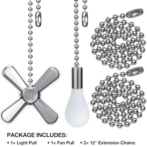 SmoTecQ Silver Ceiling Fan Pull Chain Extender 24-Inch Long with Decorative Frosted Glass Bulb & Fan Cord