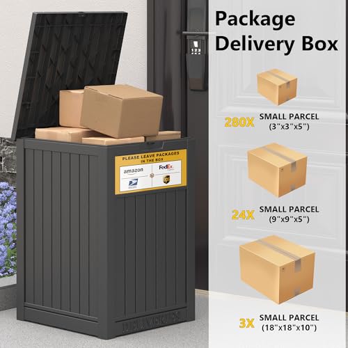 Black 48 Gallon Lockable Outdoor Package Delivery Box with Sign - Waterproof Resin Storage