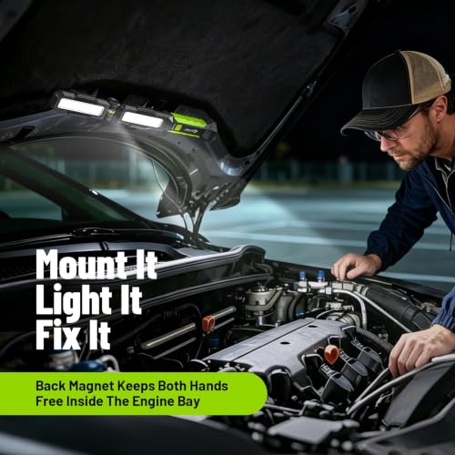 JINLITE Rechargeable Magnetic Work Light - Green, 2500LM LED Handheld Tool Lamp for Mechanics