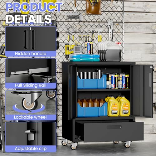 EKJ Metal Garage Tool Cabinet on Wheels - Lockable Rolling 2 Doors, 1 Drawer, 20" Deep