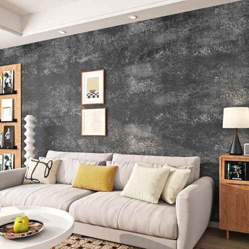 Livelynine Black Textured Concrete Wallpaper Peel and Stick for Bedroom Kitchen Living Room Accent Wall Dark Concrete Contact Paper Countertops Industrial Cement Wall Paper Bathroom Garage 15.8x78.8