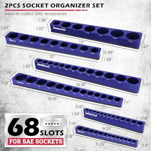 6-Piece 1/4" 3/8" 1/2"-Driver SAE Magnetic Socket Organizer Set (Holds 68 Sockets) - Detachable Tool Tray with 5mm Magnetic Base for Garage/Home Workshop(Sockets Not Included)