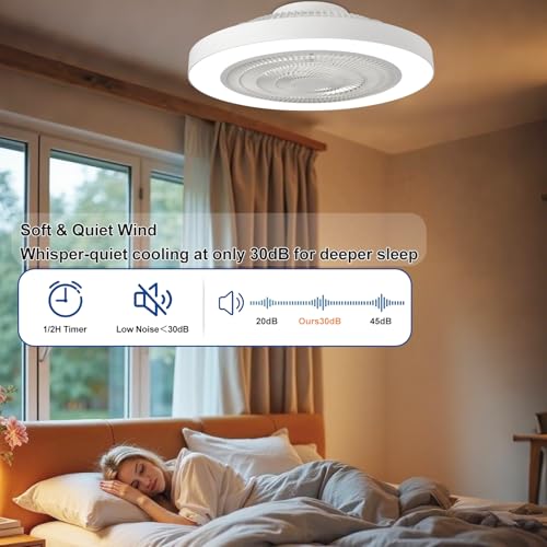 Depuley 19-Inch White Bladeless Ceiling Fan with Light, Remote & App Control