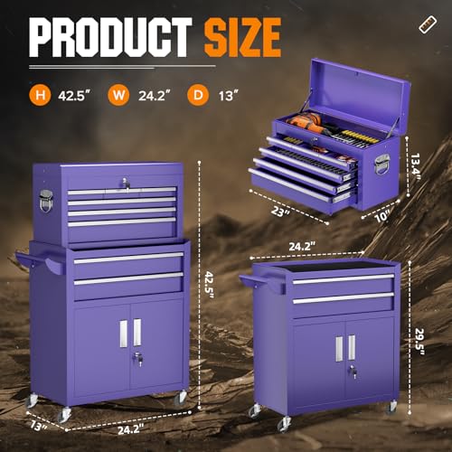 Oakcloud Purple 8-Drawer Rolling Tool Chest & Cabinet Combo with Detachable Top – Heavy-Duty Steel Mobile Toolbox