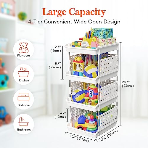 Lifewit White 4-Tier Stackable Storage Baskets - Multipurpose Organizer, 13.8"D x 11.8"W x 28.3"H, 1 Pack