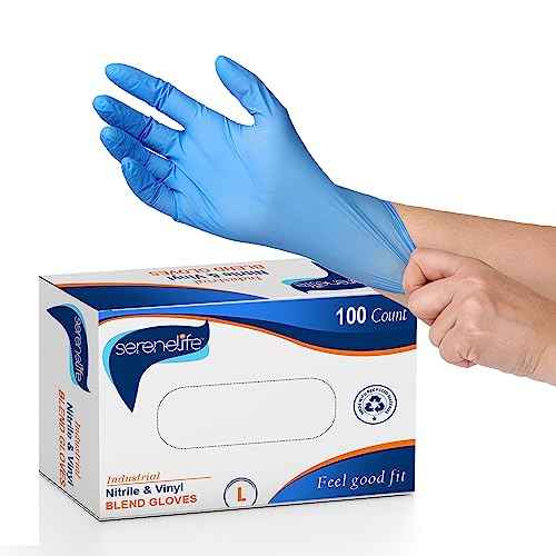 SereneLife Large Size Nitrile Disposable Latex & Powder Free Gloves - Great for Kitchens, Food Handling & Cleaning Supplies - Soft & Comfortable fit - Vinyl & Nitrile blend - 100 Pack