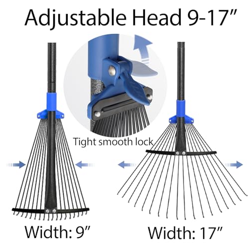 Heavy Duty Adjustable Metal Leaf Rake with Long Handle & Expandable Head for Gardening