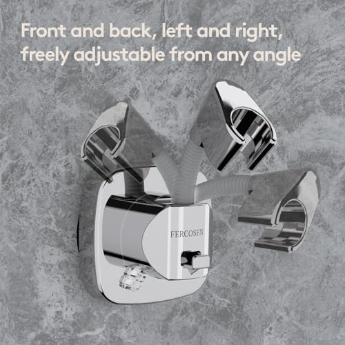 FERCOSEN Silver Shower Head Holder with Suction, 360° Swivel & Storage Hook
