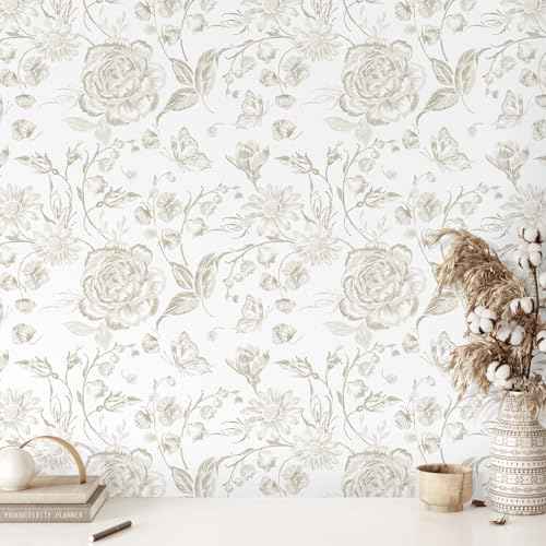 Peel and Stick Wallpaper Vintage Floral Wall Paper Boho Contact Paper Bedroom Bathroom Wallpaper Beige and White Removable Self-Adhesive Kitchen Wall Decor Vinyl Roll 17.3" x 78"