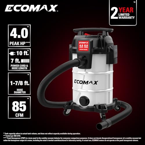 ECOMAX 8 Gallon Ultra Quiet Stainless Steel Shop Vacuum Wet Dry Cleaner