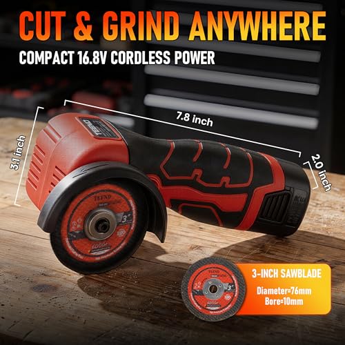 TEENO Red Cordless Angle Grinder Kit 19,500 RPM 3-Inch with Dual 16.8V Batteries & 6 Cutting Discs