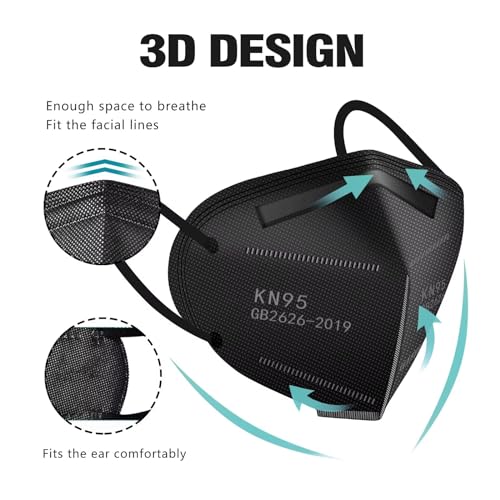 LEM ENT 50 Pack Black KN95 Face Masks - 5-Layer Dust & Safety Masks for Adults