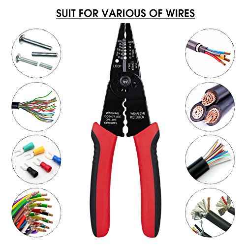 WGGE WG-015 Professional 8-inch Wire Stripper/Crimping Tool, Cable Cutter/Crimper, Wiring and Multi-Function Hand Tool, Red With Black