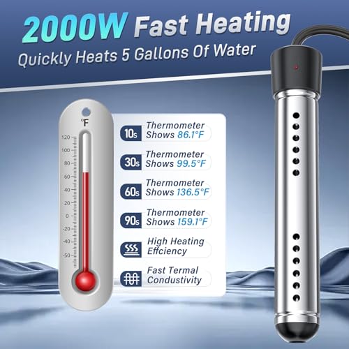 2000W Portable Electric Water Heater with LCD Thermometer for Home & Camping