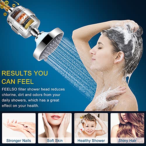 FEELSO Chrome Shower Head with Filter - 5 Spray Modes, Hard Water Filtered