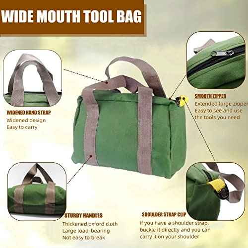 BLIRITEL 12 Inch Wide Mouth Tool Bag, Heavy Duty Canvas Tool Storage Bag, Large Capacity Handbag, Multi-function Tool Organizer Tote Bag for Storage Wrenches Pliers (Green, 12 Inch)