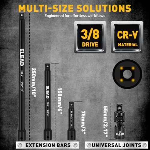 4-Piece 3/8" Drive Socket Extension Bar Set, 3, 6, 10 inch Professional Extension Set, 3/8 Inch Drive Universal Joint Socket, Premium Cr-V Steel Sockets Wrench Extender