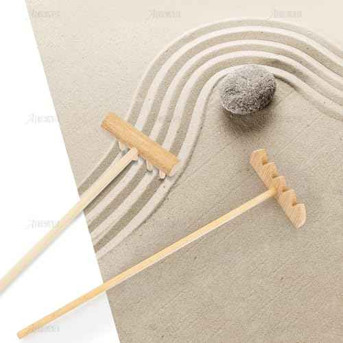 AUEAR, Set of 3 Mini Zen Sand Rakes Bamboo Rock Garden Tray Rake Tools for Home Office Table