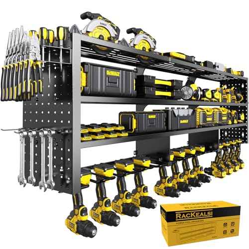 49" W Large Power Tool Organizer Wall Mount, 4 Layer Heavy Duty Metal Tool Storage Rack with 12 Drills Holder, Utility Racks for Garage Workshop, Ideal Garage Organization