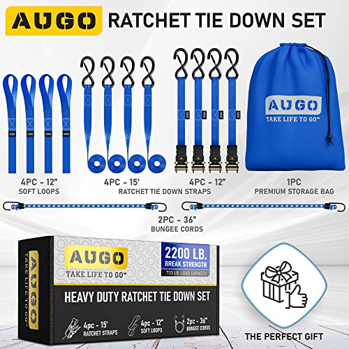 AUGO Heavy Duty Ratchet Straps 15ft 2200lb Break Strength Blue 4 Pack