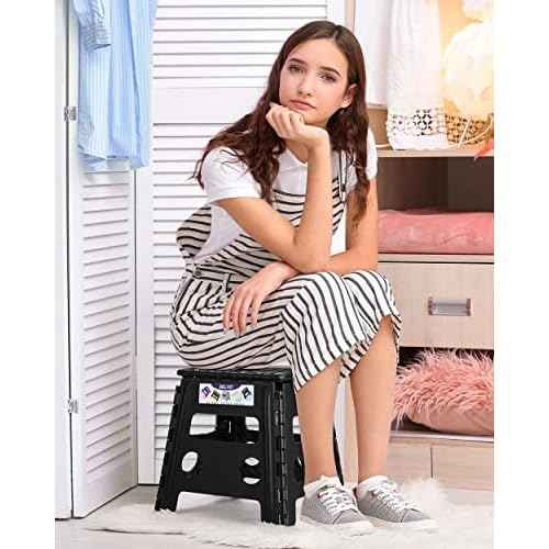 Delxo Folding Step Stool, 13 inch Non-Slip Foldable Stools Up to 300 LBS, Step Stool with Handle, Lightweight for Kitchen, Bathroom, Bedroom, Garden, Black, 1PC