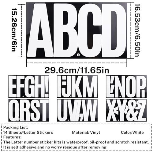 White Large Vinyl Letter Stickers - 6 Inch Self-Adhesive Alphabet & Punctuation, 14 Sheets