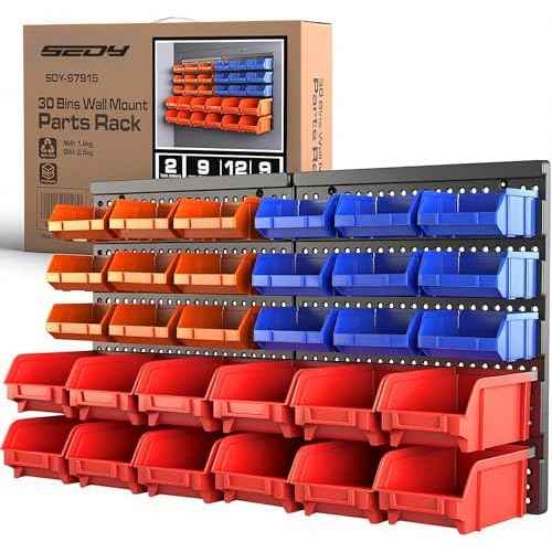SEDY 30-Bin Wall-Mounted Storage Rack System - Heavy-Duty Garage Tool Organizer for Screws, Nuts, Bolts, Nails, Beads, and Small Hardware Parts - Easy Installation and Customizable