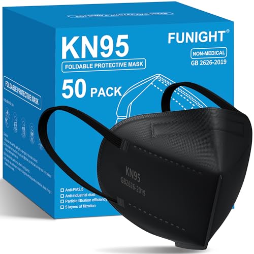 Funight KN95 Face Masks 50 Pack - Black, 5-Ply Breathable Disposable Masks for Adults