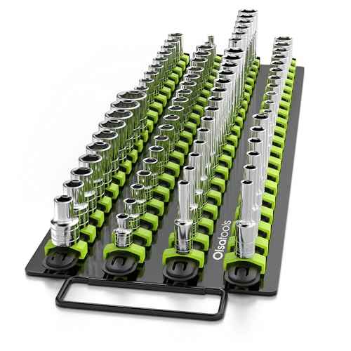 Olsa Tools Portable Socket Organizer Tray | Black Rails with Green Clips | Holds 80 Sockets | Professional Quality Socket Holder