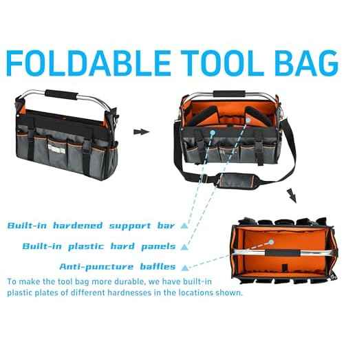 16 Inch Open Top Tool Bag, Thick 1680D Fabric, Foldable 29 Pockets Tool Tote Bags with Stainless Steel Handle & Padded Shoulder Strap, Easy Carry and Easy Tool Access