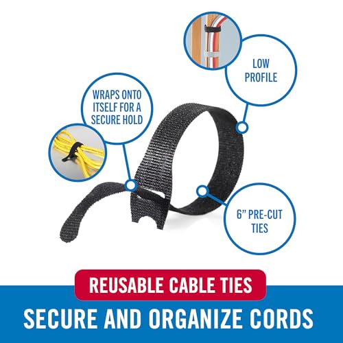 VELCRO Brand Reusable Cable Ties 6-inch Black, 100 Pack - Cord Management