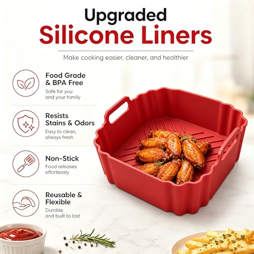 Victoyaw 2-Pack Square Silicone Air Fryer Liners 8.5" for 5-6.5 QT (Black+Red), Ninja AF141/AF181, COSORI, Chefman