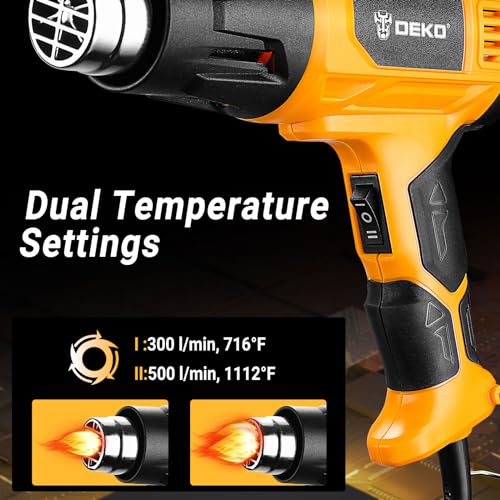 DEKOPRO Heat Gun, 1500W Hot Air Gun Kit with Variable Temperature Control, 716¢µ-1112¢µ£¨380¡É-600¡ɣ©£¬Heat Guns with Overload Protection & 4 Nozzles for Crafts, Shrinking PVC, Stripping Pain