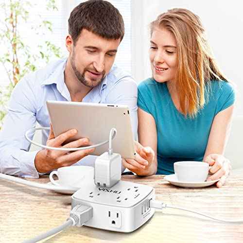 6 Ft Surge Protector Power Strip - 8 Widely Outlets with 4 USB Ports, 3 Side Outlet Extender with 6 Feet Extension Cord, Flat Plug, Wall Mount, Desk USB Charging Station, ETL,White