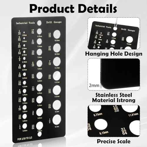 Drill Bit Gauge Drill Bit Size Guide Stainless Steel Gauges for 1/16 Inch to 1/2 Inch Size Bits, 29 Holes Metal Gauge Tool Bolt and Wire Diameter Index Accurate Measurement Equivalents