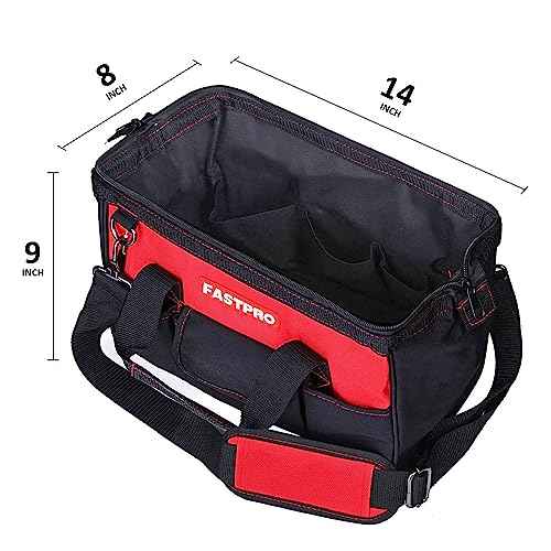 FASTPRO 14-Inch Zip-top Wide Mouth Open Storage Tool Bag, Classic Black&Red Design, Fashionable Design, 600D Polyester Fabric Material for Quality Endurance, With Adjustable Shoulder Strap