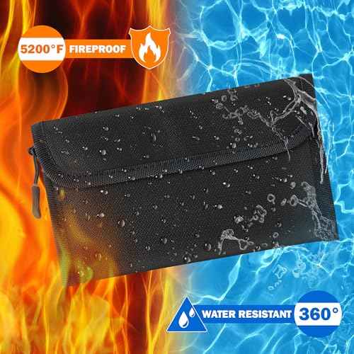 Fireproof Waterproof Document Bag - 5200¡ÆF Water Resistant Fire Proof Money Bag, 3 Layers of Heat Insulated Storage with Zipper, 7.9"x5" Portable Files Safe Pouch for Cash Passport (Black)