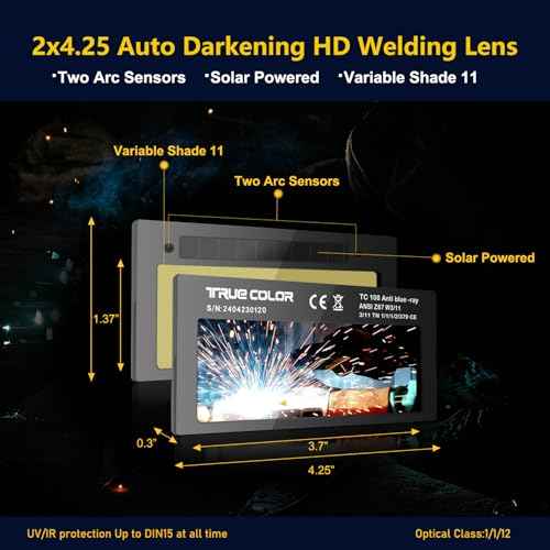Gold Shade 11 Auto Darkening Welding Lens 2x4 1/4,True Color Blue Welding Lens,True Color Technology,Solar Charging,Fit Most Pancake and Pipeliner Welding Hoods,Auto Darkening Welding Lens 2x4.25