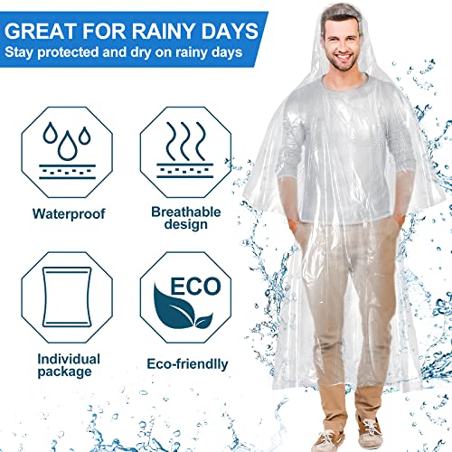 Handepo 100 Pack White Disposable Rain Ponchos with Hood for Adults