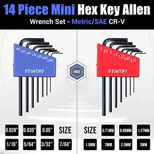 14pcs Mini Hex Key Allen wrench Set, Metric(0.7-3mm) and SAE(0.028-7/64"), Chrome Vanadium Steel