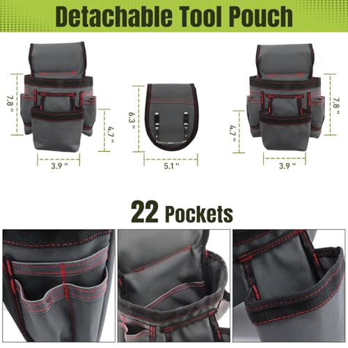 Tool Belt for Men, 32 to 66 Inches Adjustable Waist, Tool Belt with Suspenders for Electricians, Carpenters, Construction Workers and Gardeners, Grey and Red