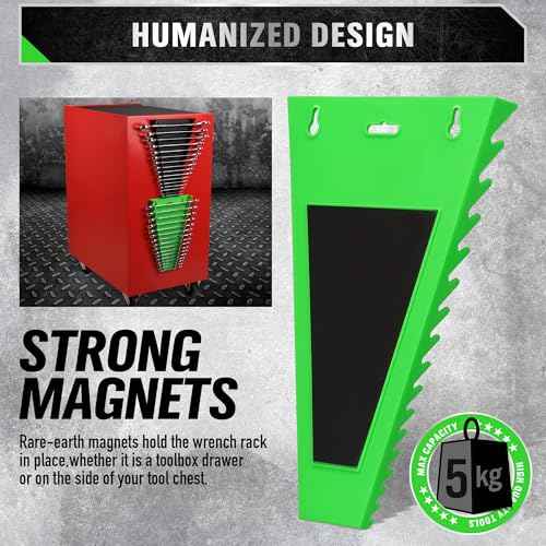 SWANLAKE GARDEN TOOLS Magnetic Wrench Organizer 2-Piece, 32-Slot Drawer Storage, SAE (1/4" to 1-1/16"), Metric (6mm to 24mm), Green and Black